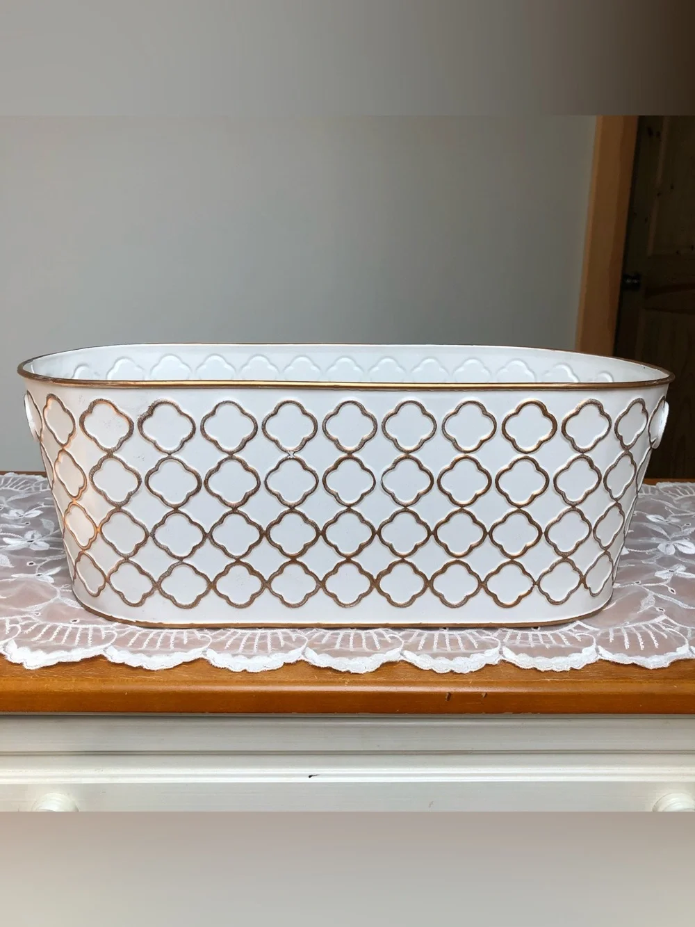 White Embossed Trellis Metal Basket With Handles